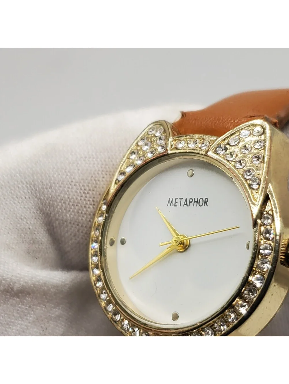 Metaphor Rhinestone Quartz Watch Women 26mm Gold Tone Brown Band New Battery